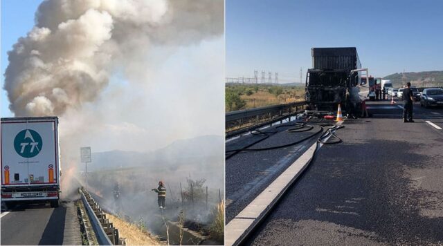 Cabina unui camion a luat foc în timpul deplasării